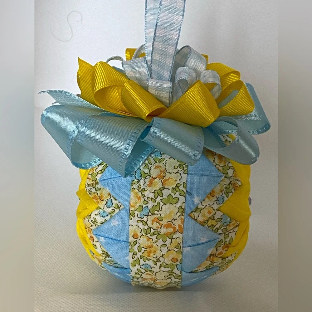 Blue and Yellow Floral Flower Ribbon Bow Holiday Christmas Ornament